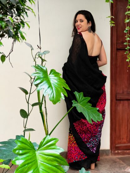 Calyz Black Linen Saree with Collage Technique - Image 2
